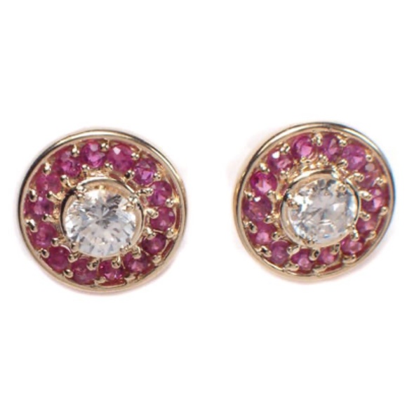 14k Solid Yellow Gold Ruby and White Topaz Stud Earrings #E387